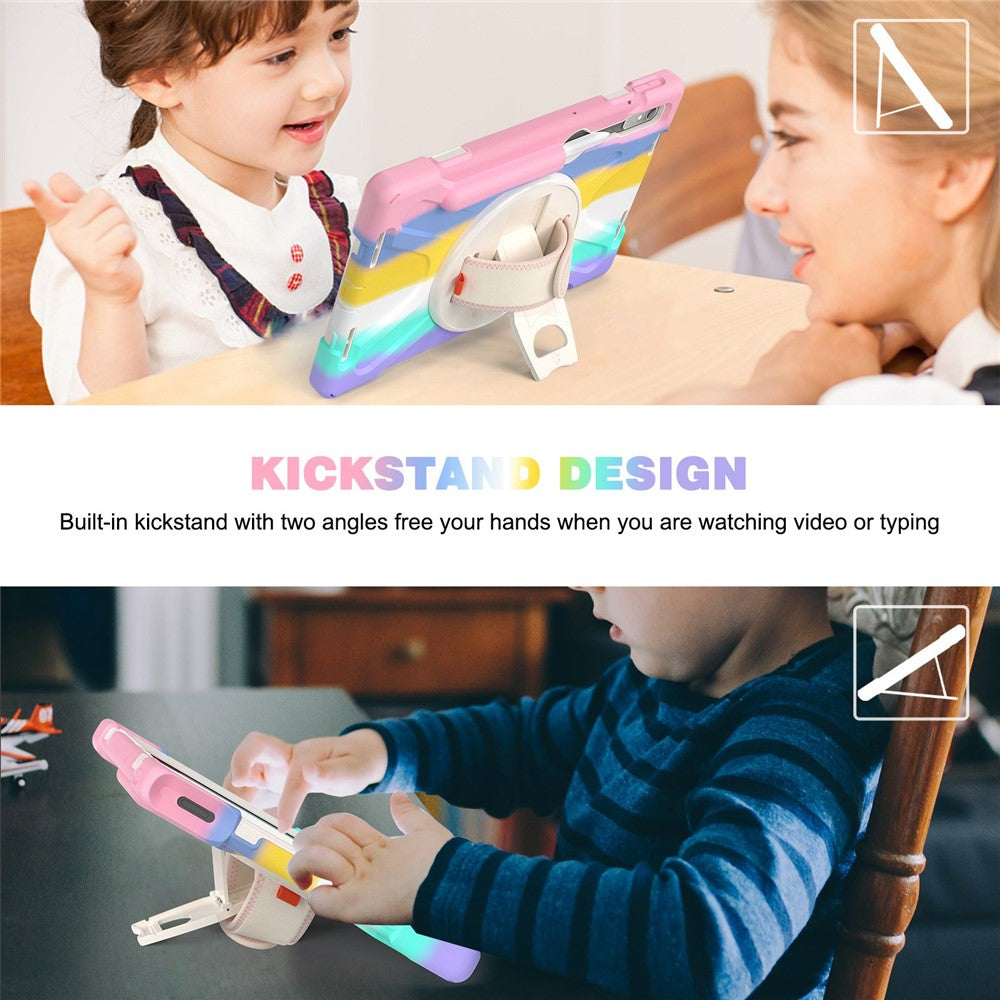 For Lenovo Tab P11 Pro Gen 2 / Tab P11 Pro 2022 Kickstand PC + Silicone Tablet Case 360 Degree Rotation Hand Strap Shockproof Rugged Protective Cover - Colorful Pink