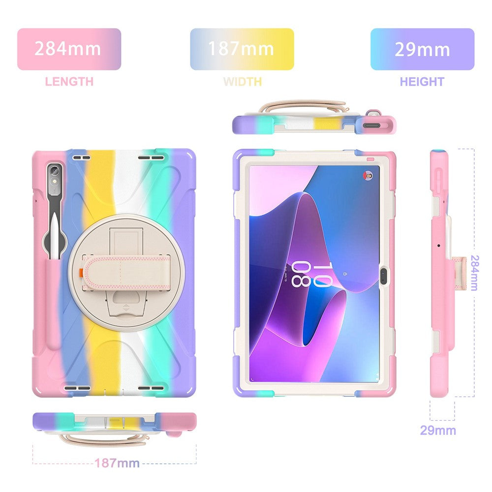 For Lenovo Tab P11 Pro Gen 2 / Tab P11 Pro 2022 Kickstand PC + Silicone Tablet Case 360 Degree Rotation Hand Strap Shockproof Rugged Protective Cover - Colorful Pink