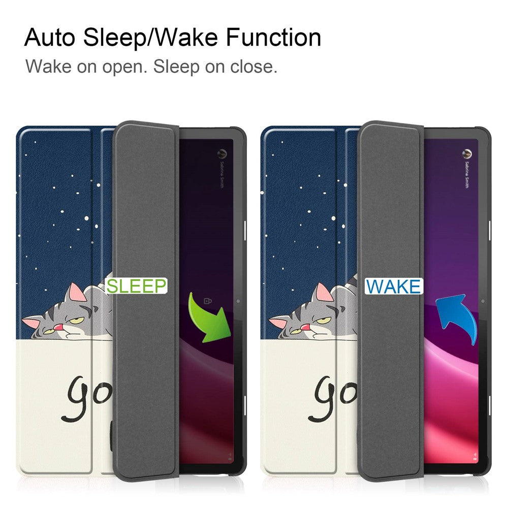 For Lenovo Tab P11 Gen 2 Tri-fold Stand PU Leather Anti-drop Cover Pattern Printing Auto Wake / Sleep Tablet Protective Case - Cat