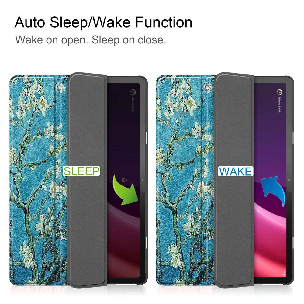 For Lenovo Tab P11 Gen 2 Tri-fold Stand PU Leather Anti-drop Cover Pattern Printing Auto Wake / Sleep Tablet Protective Case - Apricot Blossom