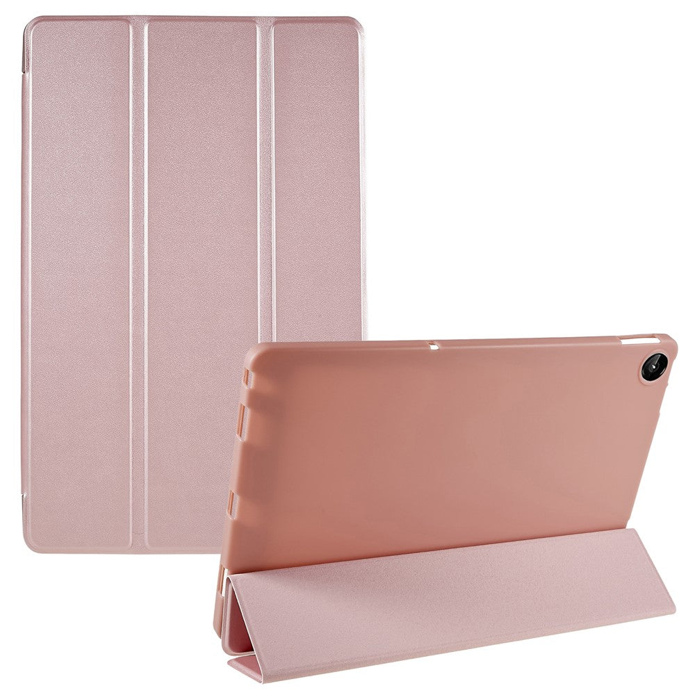 For Lenovo Tab M10 Plus (3rd Gen) / Xiaoxin Pad 2022 10.6 inch Three-fold Stand PU Leather Cover Full Protection Soft Silicone Tablet Case - Rose Gold