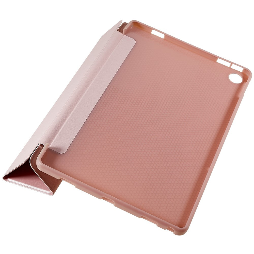 For Lenovo Tab M10 Plus (3rd Gen) / Xiaoxin Pad 2022 10.6 inch Three-fold Stand PU Leather Cover Full Protection Soft Silicone Tablet Case - Rose Gold