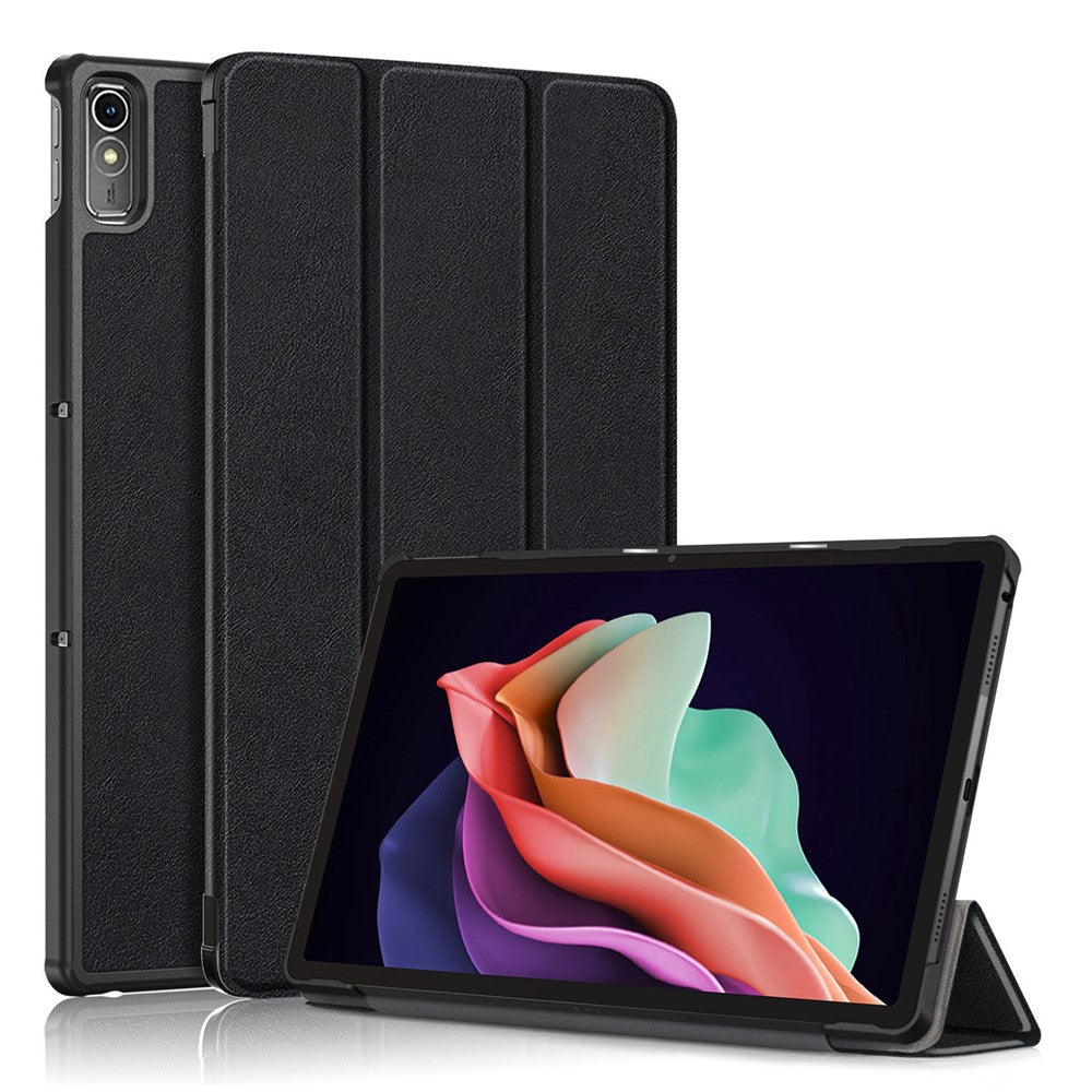 For Lenovo Tab P11 Gen 2 Solid Color PU Leather Tablet Case Tri-fold Stand Auto Wake  /  Sleep Smart Cover - Black