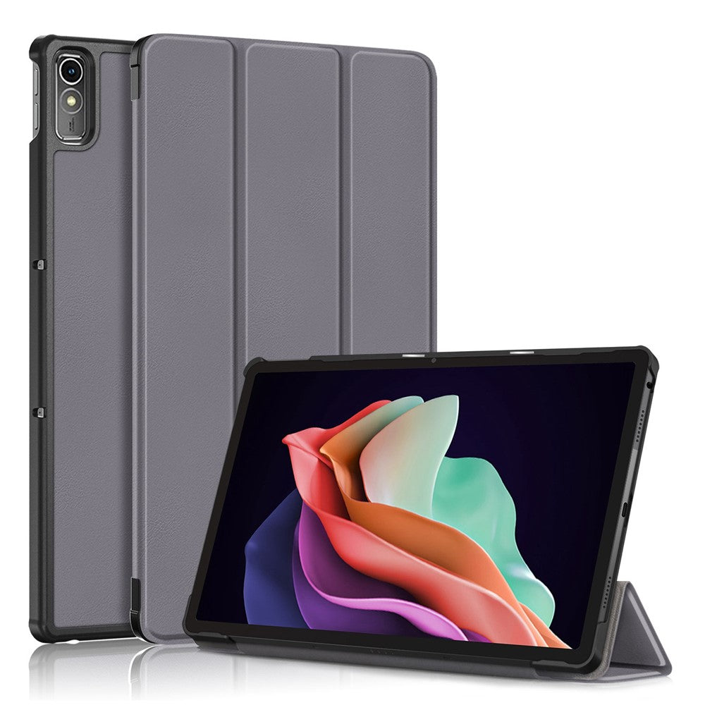 For Lenovo Tab P11 Gen 2 Solid Color PU Leather Tablet Case Tri-fold Stand Auto Wake  /  Sleep Smart Cover - Grey
