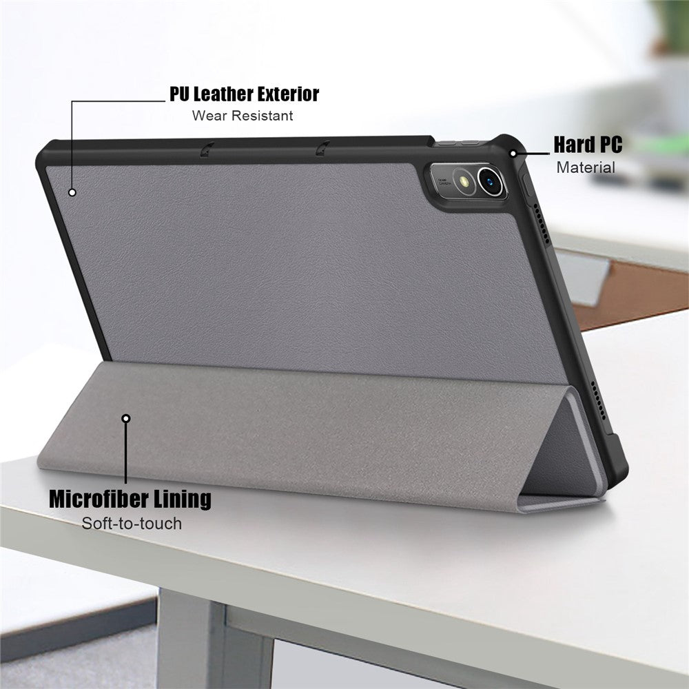 For Lenovo Tab P11 Gen 2 Solid Color PU Leather Tablet Case Tri-fold Stand Auto Wake  /  Sleep Smart Cover - Grey