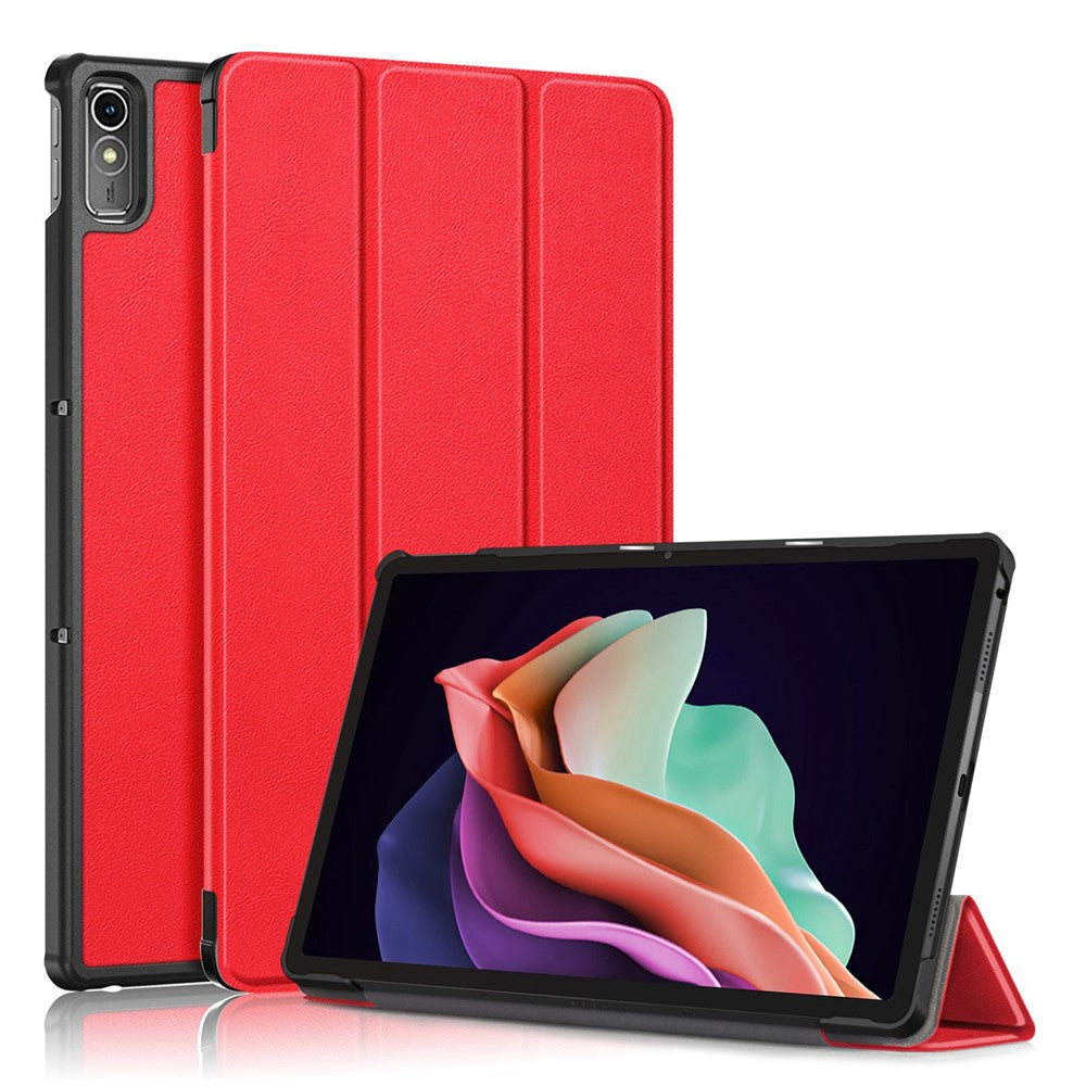 For Lenovo Tab P11 Gen 2 Solid Color PU Leather Tablet Case Tri-fold Stand Auto Wake  /  Sleep Smart Cover - Red