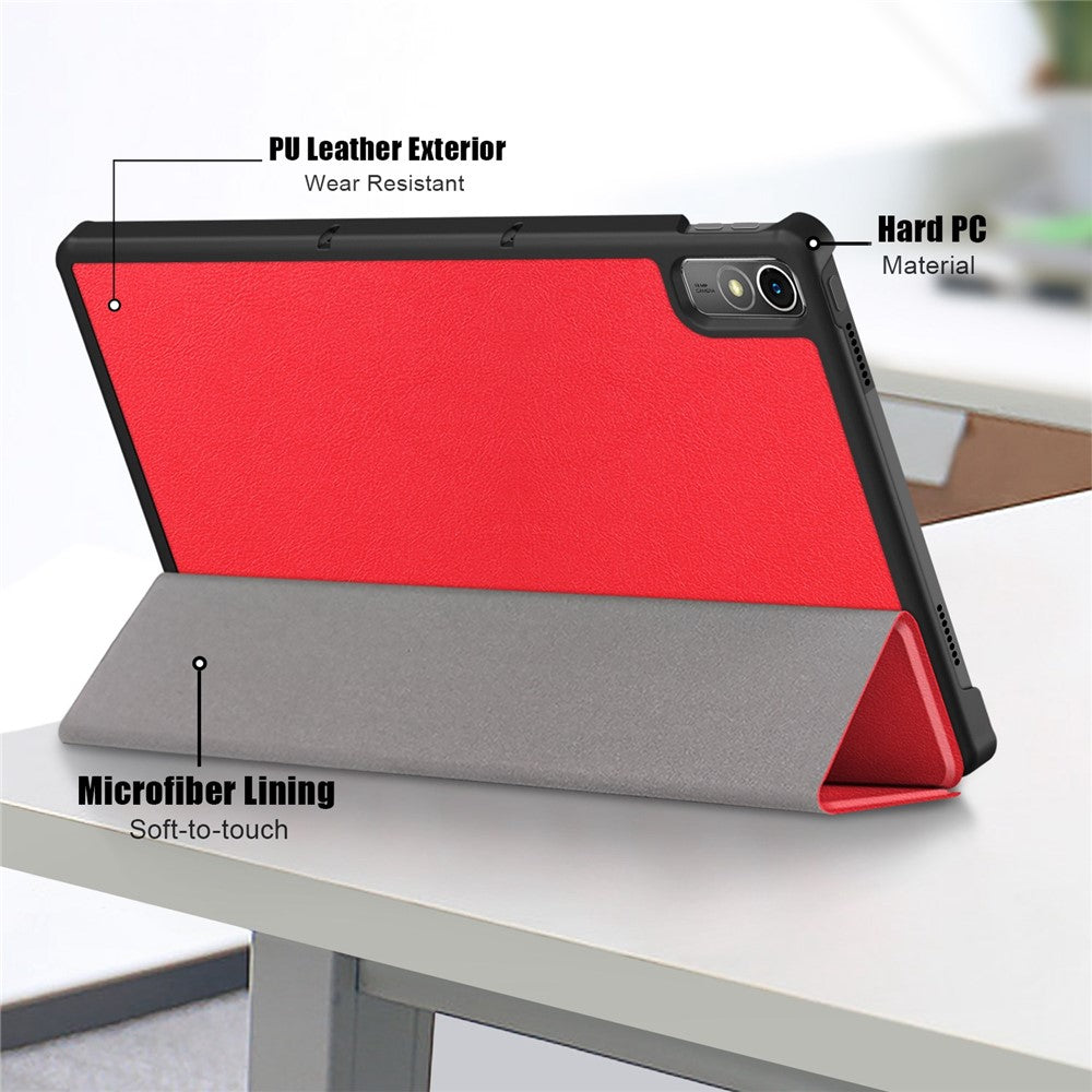 For Lenovo Tab P11 Gen 2 Solid Color PU Leather Tablet Case Tri-fold Stand Auto Wake  /  Sleep Smart Cover - Red