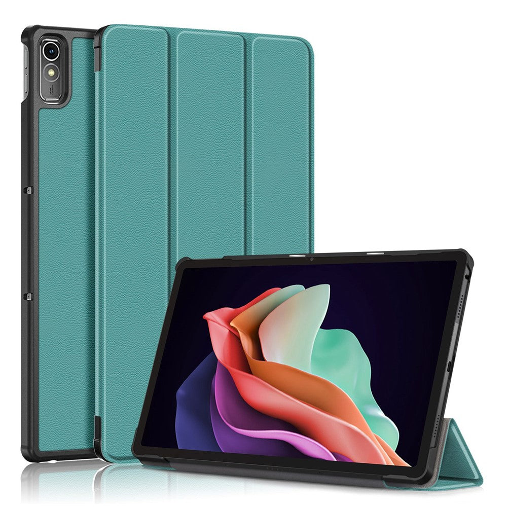 For Lenovo Tab P11 Gen 2 Solid Color PU Leather Tablet Case Tri-fold Stand Auto Wake  /  Sleep Smart Cover - Blackish Green