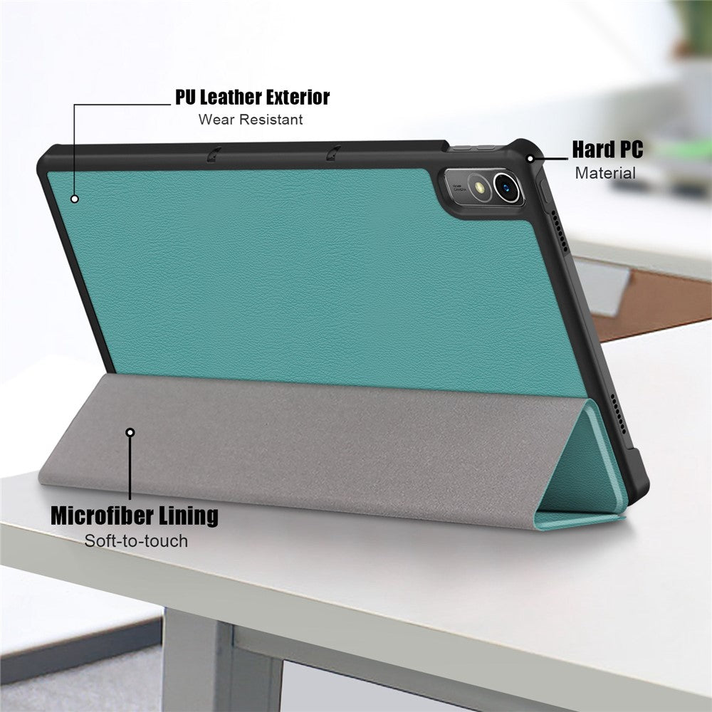 For Lenovo Tab P11 Gen 2 Solid Color PU Leather Tablet Case Tri-fold Stand Auto Wake  /  Sleep Smart Cover - Blackish Green
