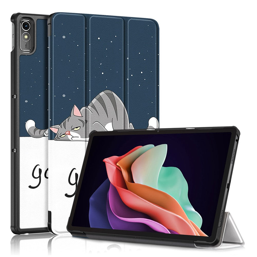 For Lenovo Tab P11 Gen 2 Pattern Printing PU Leather Protective Cover Trifold Stand Smart Tablet Case with Auto Wake  /  Sleep - Cat