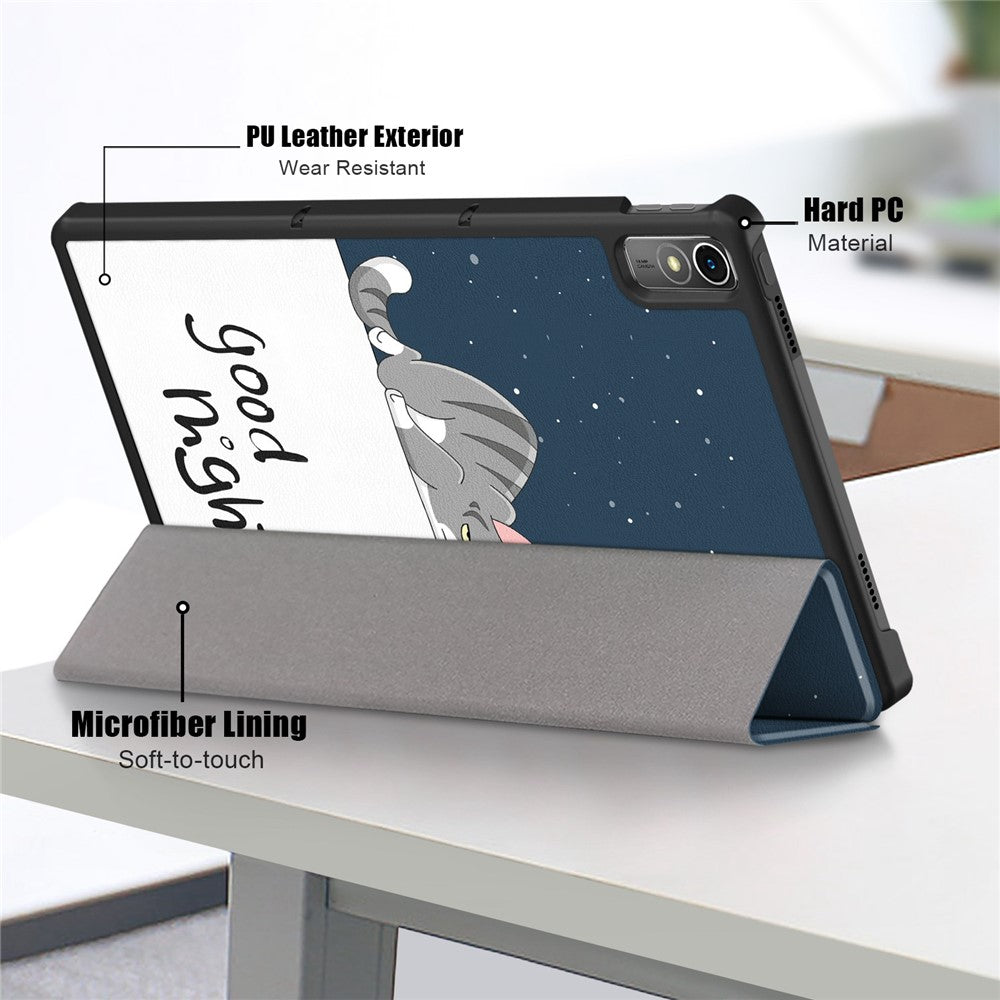 For Lenovo Tab P11 Gen 2 Pattern Printing PU Leather Protective Cover Trifold Stand Smart Tablet Case with Auto Wake  /  Sleep - Cat