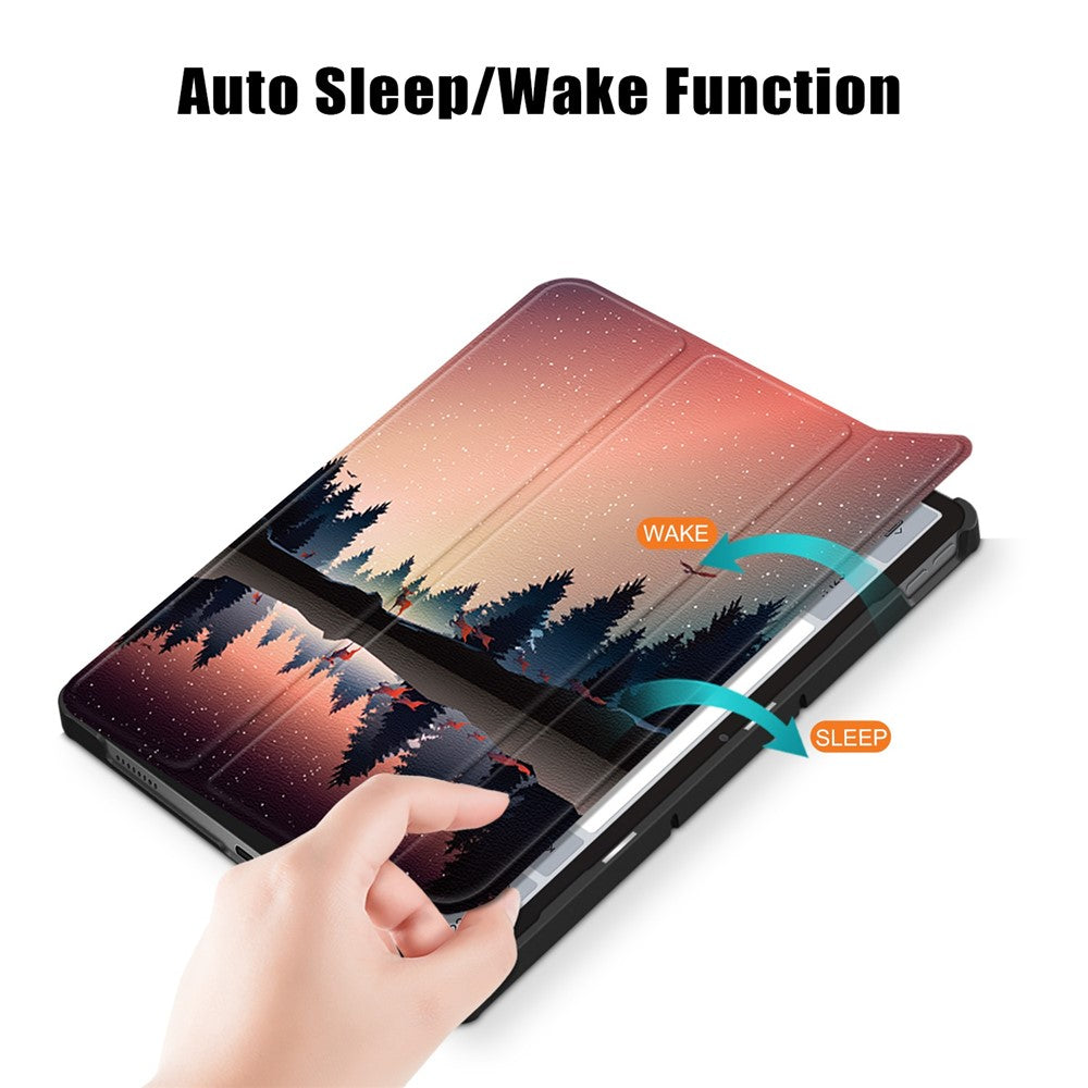 For Lenovo Tab P11 Gen 2 Pattern Printing PU Leather Protective Cover Trifold Stand Smart Tablet Case with Auto Wake  /  Sleep - Nightfall