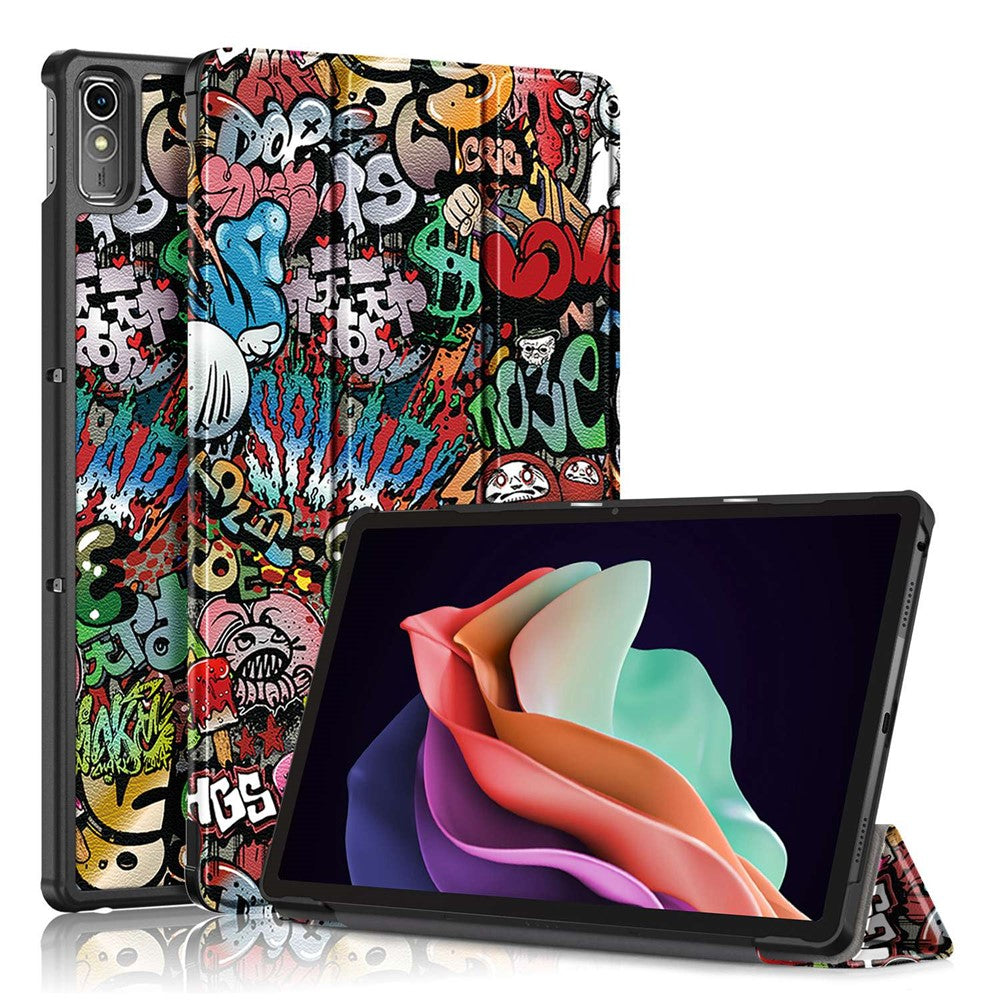For Lenovo Tab P11 Gen 2 Pattern Printing PU Leather Protective Cover Trifold Stand Smart Tablet Case with Auto Wake  /  Sleep - Graffiti