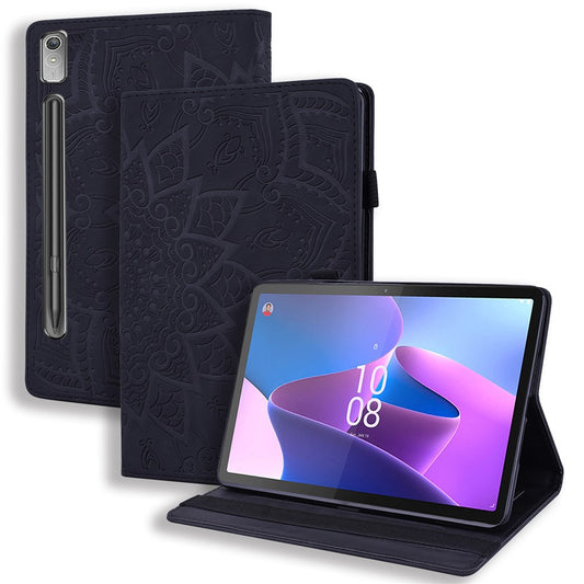 For Lenovo Pad Pro 2022 / Tab P11 Pro Gen 2 Imprinted Flower Pattern Tablet Case PU Leather Stand Card Slot Cover with Elastic Band and Pen Loop - Black