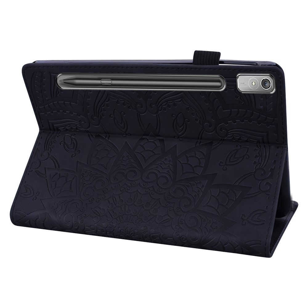 For Lenovo Pad Pro 2022 / Tab P11 Pro Gen 2 Imprinted Flower Pattern Tablet Case PU Leather Stand Card Slot Cover with Elastic Band and Pen Loop - Black