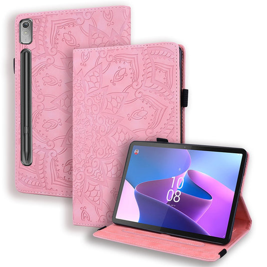 For Lenovo Pad Pro 2022 / Tab P11 Pro Gen 2 Imprinted Flower Pattern Tablet Case PU Leather Stand Card Slot Cover with Elastic Band and Pen Loop - Pink