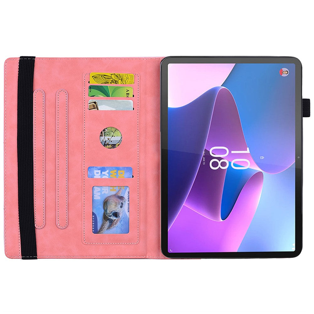 For Lenovo Pad Pro 2022 / Tab P11 Pro Gen 2 Imprinted Flower Pattern Tablet Case PU Leather Stand Card Slot Cover with Elastic Band and Pen Loop - Pink