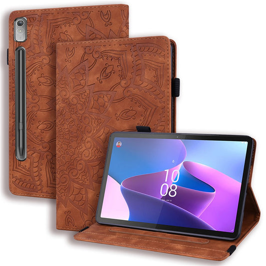 For Lenovo Pad Pro 2022 / Tab P11 Pro Gen 2 Imprinted Flower Pattern Tablet Case PU Leather Stand Card Slot Cover with Elastic Band and Pen Loop - Brown