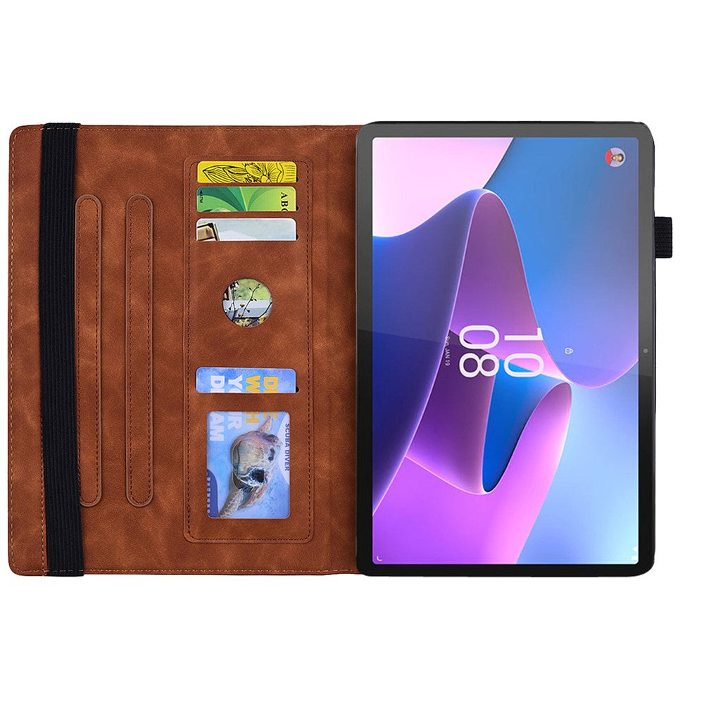 For Lenovo Pad Pro 2022 / Tab P11 Pro Gen 2 Imprinted Flower Pattern Tablet Case PU Leather Stand Card Slot Cover with Elastic Band and Pen Loop - Brown