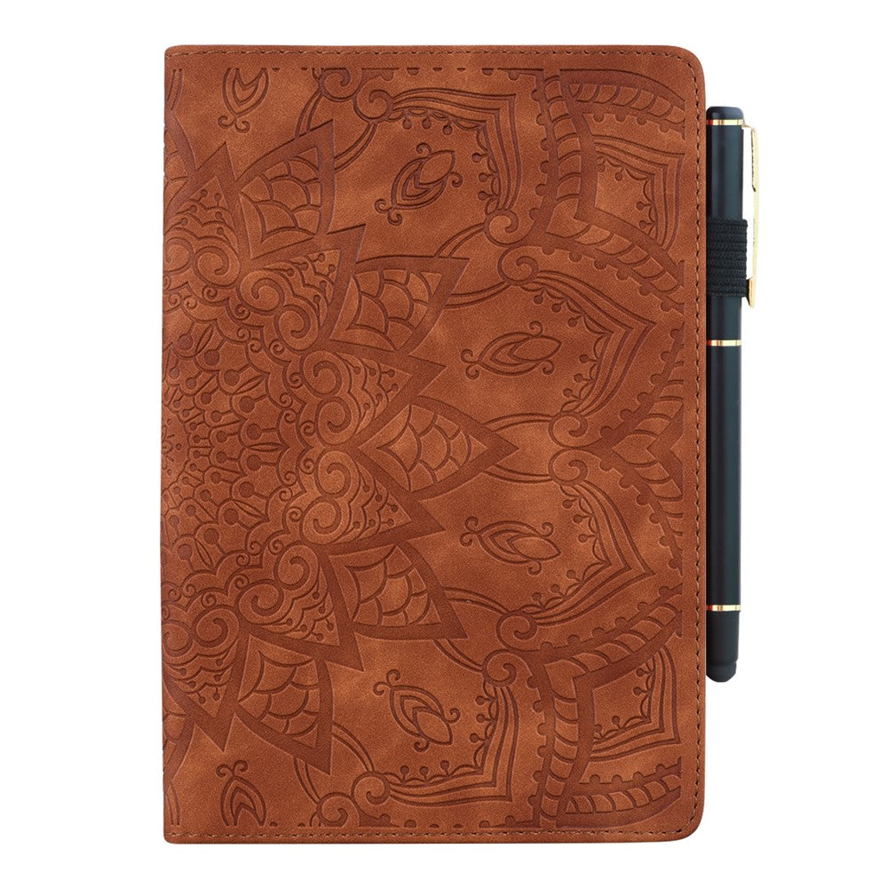 For Lenovo Pad Pro 2022 / Tab P11 Pro Gen 2 Imprinted Flower Pattern Tablet Case PU Leather Stand Card Slot Cover with Elastic Band and Pen Loop - Brown