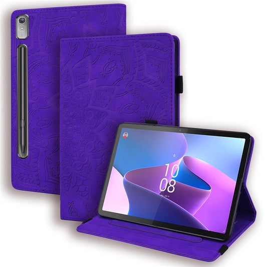 For Lenovo Pad Pro 2022 / Tab P11 Pro Gen 2 Imprinted Flower Pattern Tablet Case PU Leather Stand Card Slot Cover with Elastic Band and Pen Loop - Purple