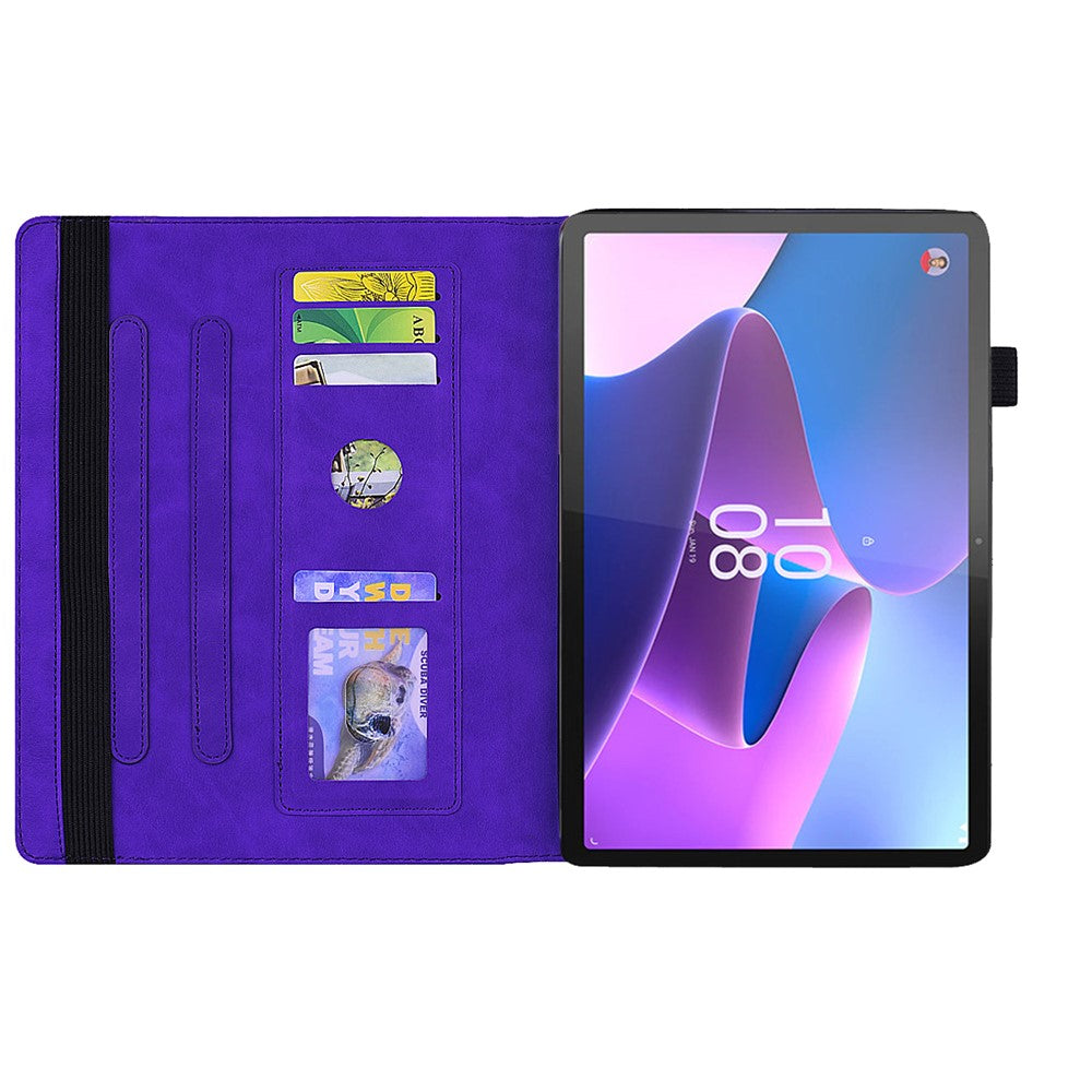 For Lenovo Pad Pro 2022 / Tab P11 Pro Gen 2 Imprinted Flower Pattern Tablet Case PU Leather Stand Card Slot Cover with Elastic Band and Pen Loop - Purple