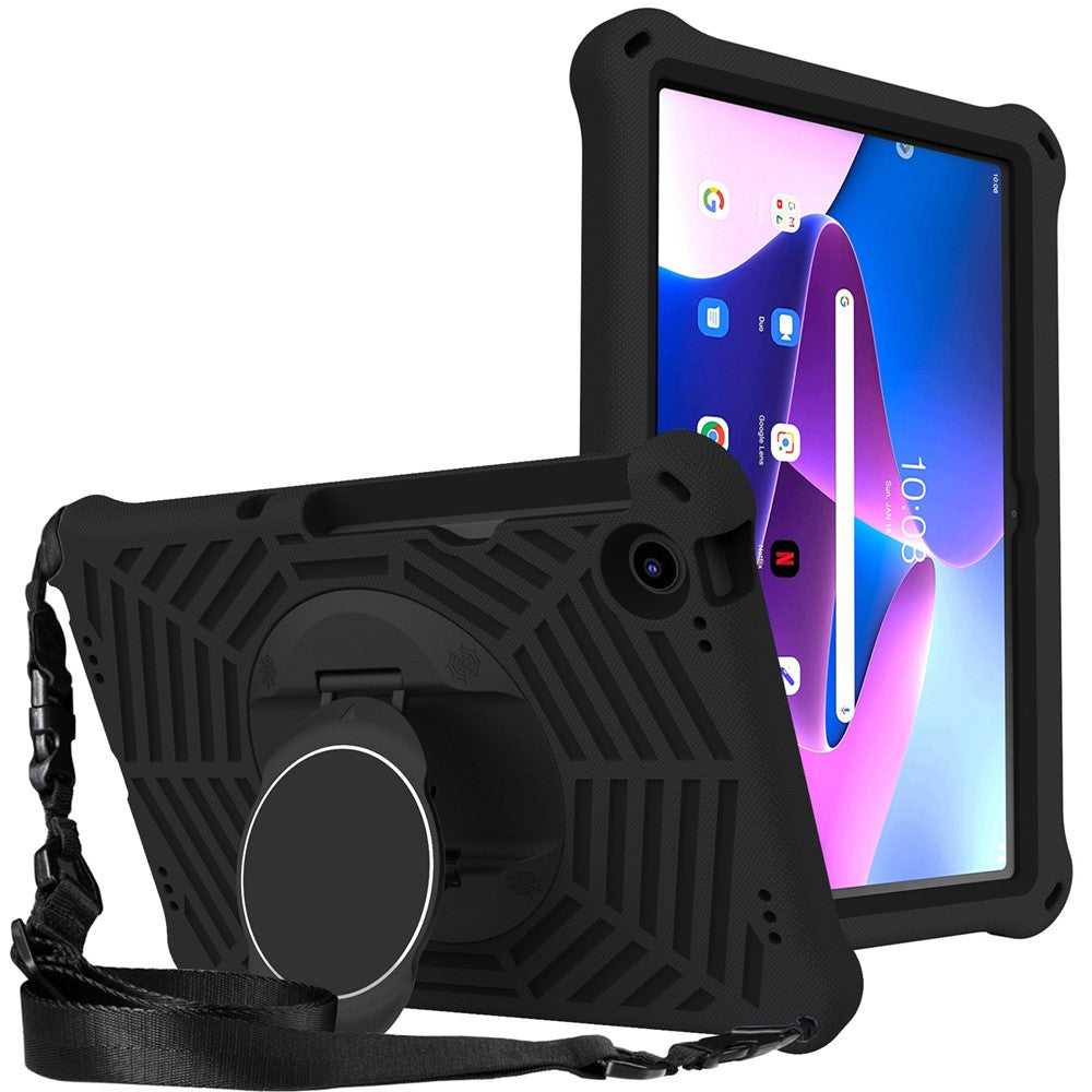 For Lenovo Tab M10 Plus (3rd Gen) / Xiaoxin Pad 2022 10.6 inch Spider Web Texture Shockproof EVA Case 360 Degree Rotation Kickstand Anti-scratch Cover with Shoulder Strap - Black