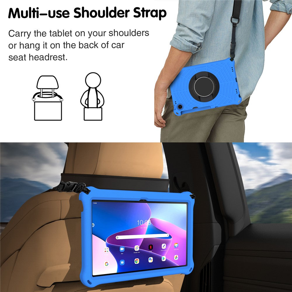 For Lenovo Tab M10 Plus (3rd Gen) / Xiaoxin Pad 2022 10.6 inch Spider Web Texture Shockproof EVA Case 360 Degree Rotation Kickstand Anti-scratch Cover with Shoulder Strap - Blue