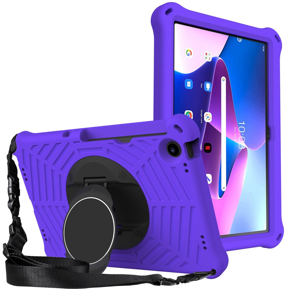 For Lenovo Tab M10 Plus (3rd Gen) / Xiaoxin Pad 2022 10.6 inch Spider Web Texture Shockproof EVA Case 360 Degree Rotation Kickstand Anti-scratch Cover with Shoulder Strap - Purple