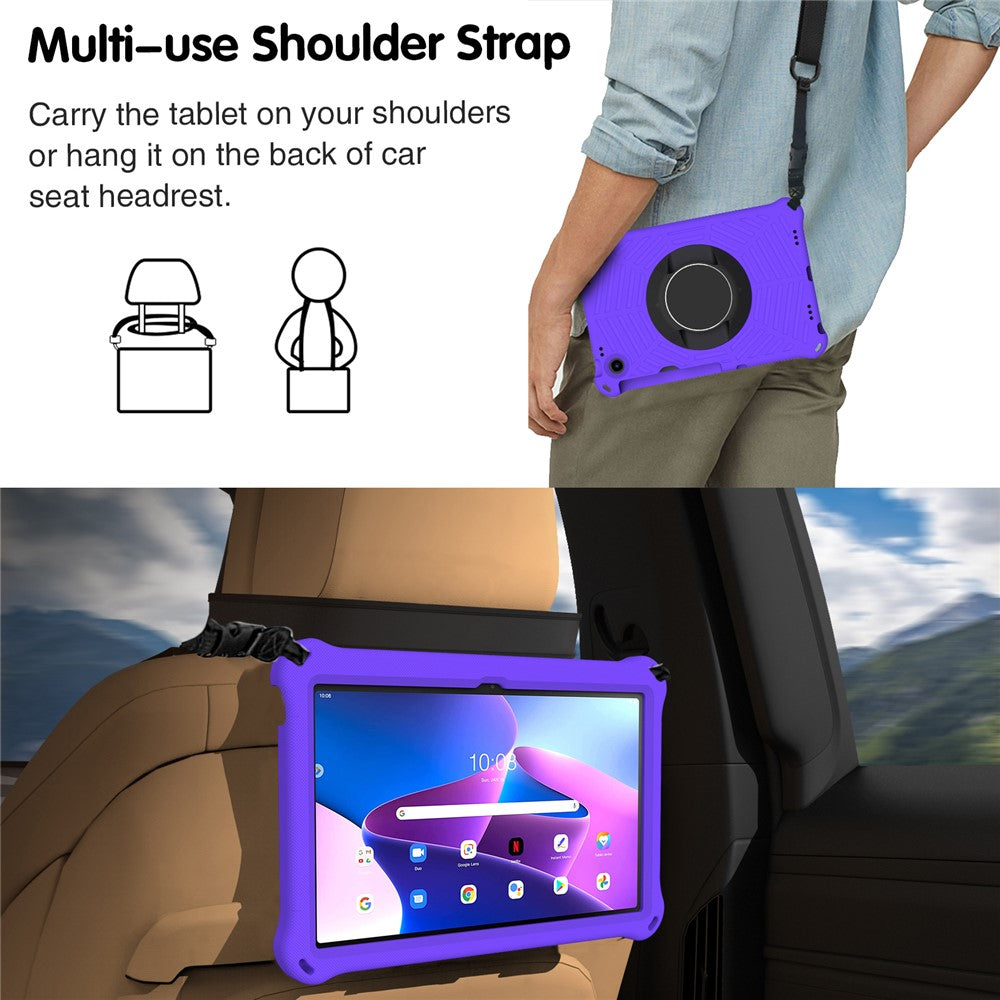 For Lenovo Tab M10 Plus (3rd Gen) / Xiaoxin Pad 2022 10.6 inch Spider Web Texture Shockproof EVA Case 360 Degree Rotation Kickstand Anti-scratch Cover with Shoulder Strap - Purple