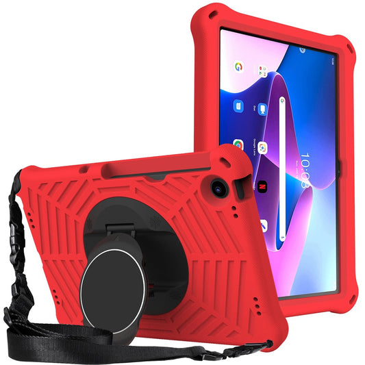 For Lenovo Tab M10 Plus (3rd Gen) / Xiaoxin Pad 2022 10.6 inch Spider Web Texture Shockproof EVA Case 360 Degree Rotation Kickstand Anti-scratch Cover with Shoulder Strap - Red