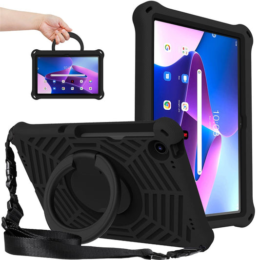 For Lenovo Tab M10 Plus (3rd Gen) / Xiaoxin Pad 2022 10.6 inch Shockproof Spider Web Texture Tablet Cover Kickstand Hand Grip Tablet Case with Shoulder Strap - Black