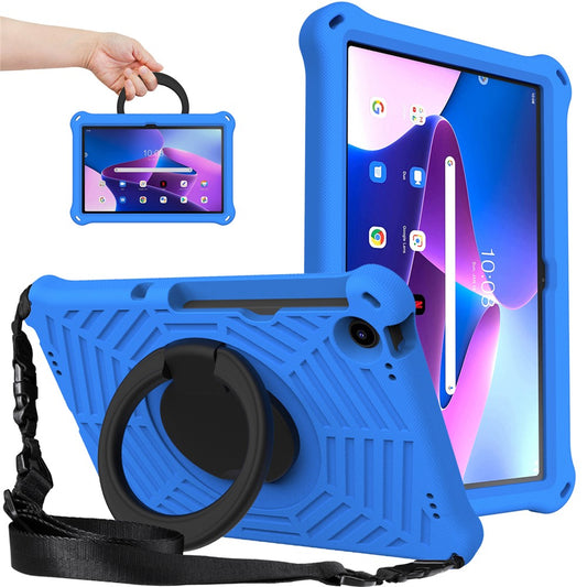 For Lenovo Tab M10 Plus (3rd Gen) / Xiaoxin Pad 2022 10.6 inch Shockproof Spider Web Texture Tablet Cover Kickstand Hand Grip Tablet Case with Shoulder Strap - Blue