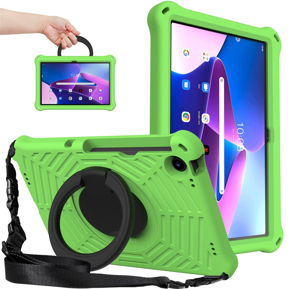 For Lenovo Tab M10 Plus (3rd Gen) / Xiaoxin Pad 2022 10.6 inch Shockproof Spider Web Texture Tablet Cover Kickstand Hand Grip Tablet Case with Shoulder Strap - Green
