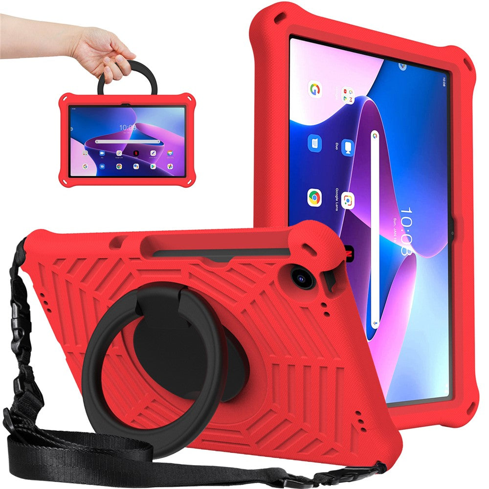 For Lenovo Tab M10 Plus (3rd Gen) / Xiaoxin Pad 2022 10.6 inch Shockproof Spider Web Texture Tablet Cover Kickstand Hand Grip Tablet Case with Shoulder Strap - Red
