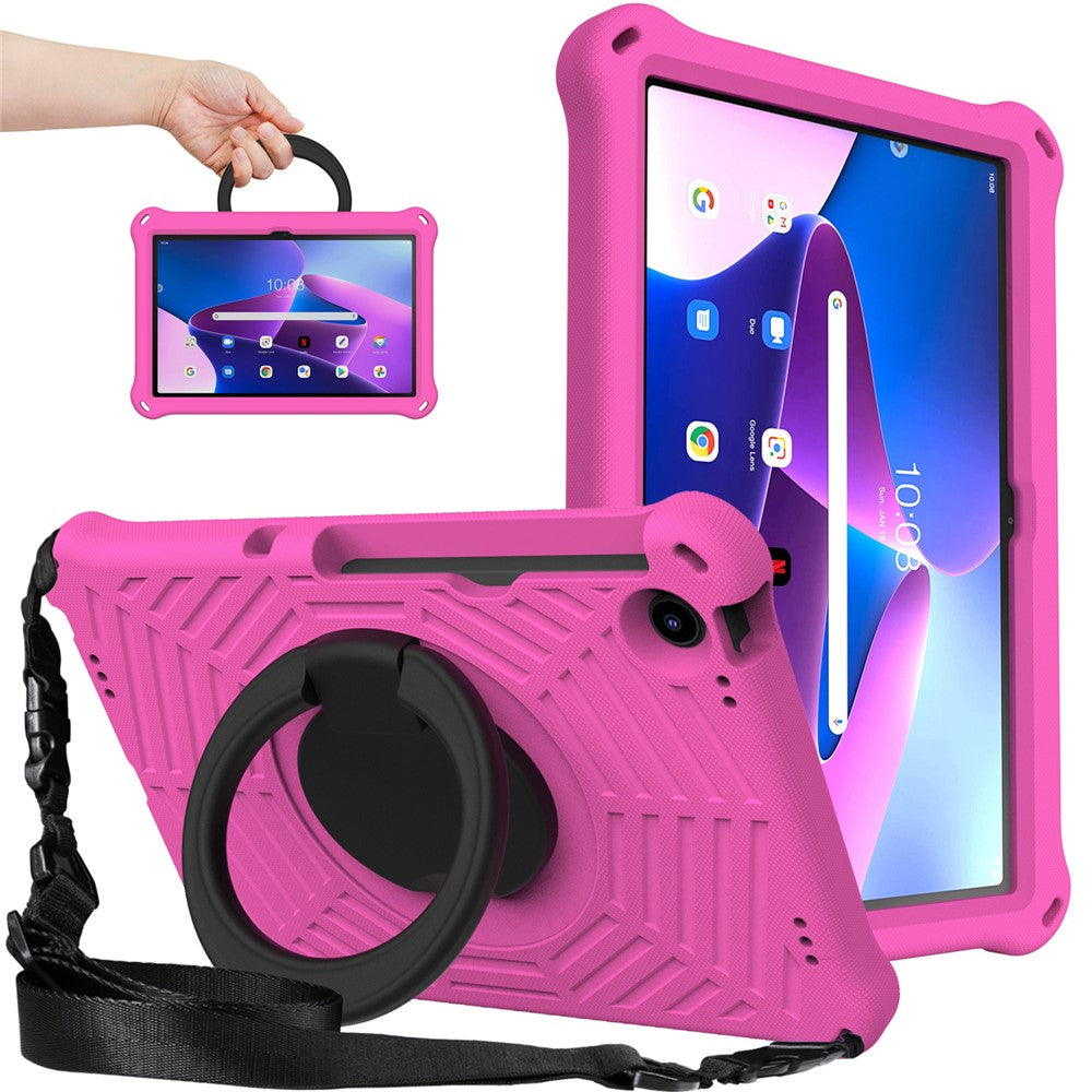 For Lenovo Tab M10 Plus (3rd Gen) / Xiaoxin Pad 2022 10.6 inch Shockproof Spider Web Texture Tablet Cover Kickstand Hand Grip Tablet Case with Shoulder Strap - Rose