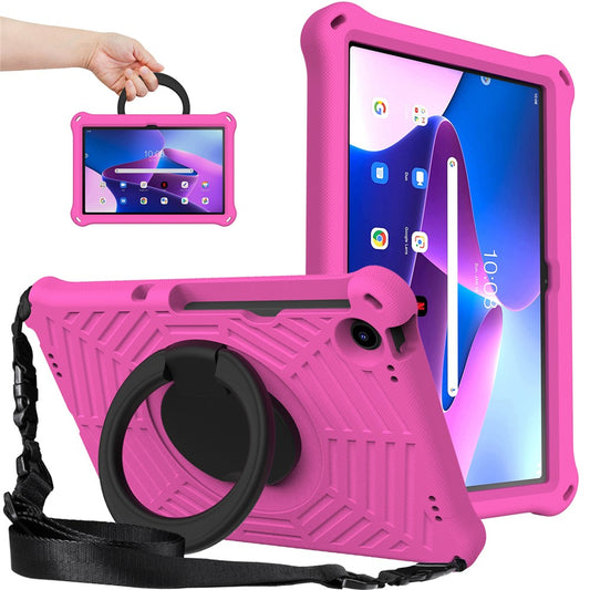 For Lenovo Tab M10 Plus (3rd Gen) / Xiaoxin Pad 2022 10.6 inch Shockproof Spider Web Texture Tablet Cover Kickstand Hand Grip Tablet Case with Shoulder Strap - Rose