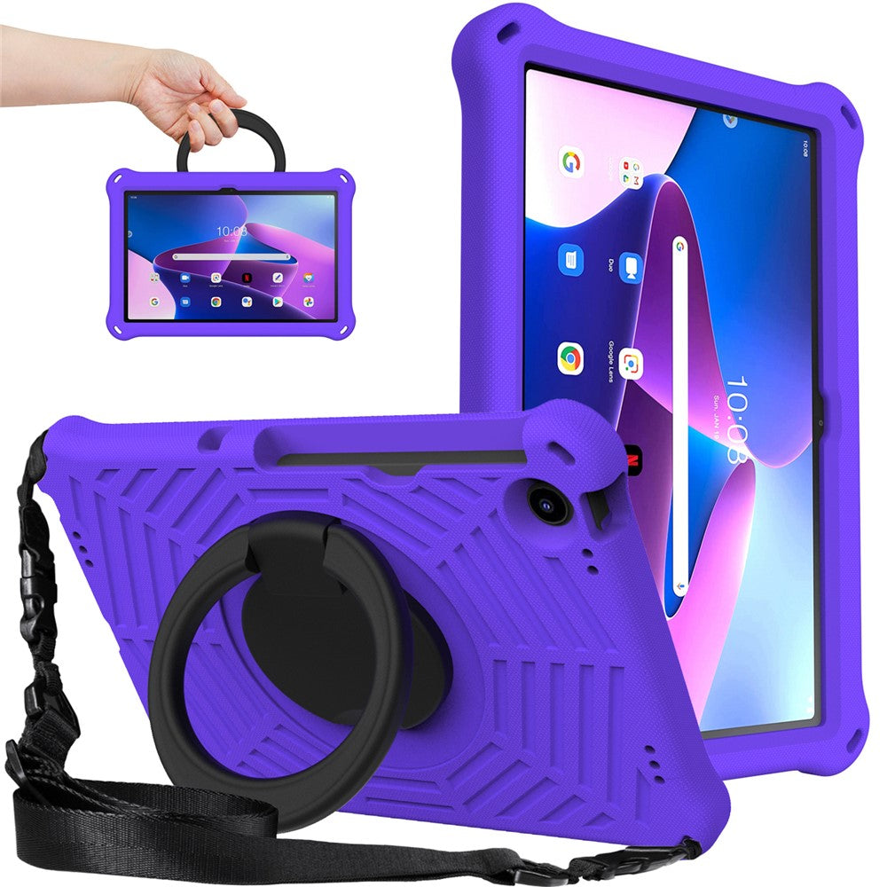 For Lenovo Tab M10 Plus (3rd Gen) / Xiaoxin Pad 2022 10.6 inch Shockproof Spider Web Texture Tablet Cover Kickstand Hand Grip Tablet Case with Shoulder Strap - Purple