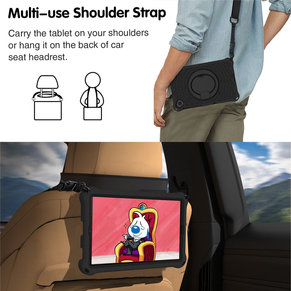 For Lenovo Tab M10 Plus / Tab M10 FHD Plus TB-X606F Spider Web Texture Rugged Protective Cover EVA Kickstand Hand Grip Kid-Proof Tablet Case with Shoulder Strap - Black