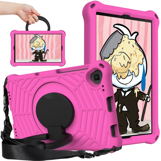 For Lenovo Tab M10 Plus / Tab M10 FHD Plus TB-X606F Spider Web Texture Rugged Protective Cover EVA Kickstand Hand Grip Kid-Proof Tablet Case with Shoulder Strap - Rose