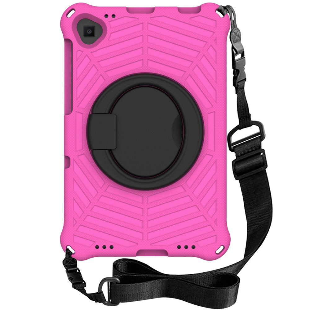 For Lenovo Tab M10 Plus / Tab M10 FHD Plus TB-X606F Spider Web Texture Rugged Protective Cover EVA Kickstand Hand Grip Kid-Proof Tablet Case with Shoulder Strap - Rose