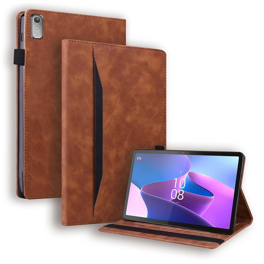 For Lenovo Pad Plus 2023 11.5-inch Business Folio Stand Wallet Case Drop-proof PU Leather Tablet Cover with Elastic Band and Pencil Holder - Brown
