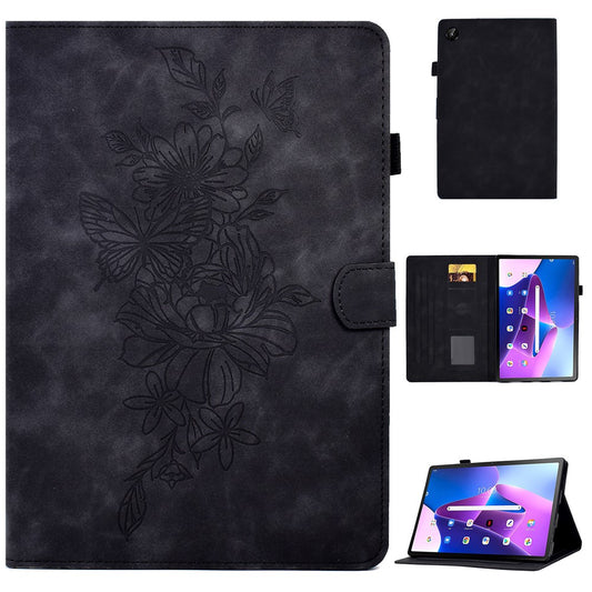 For Lenovo Tab M10 Plus (3rd Gen) / Xiaoxin Pad 2022 10.6 inch PU Leather Butterfly Flower Pattern Imprinted Tablet Cover Stitching Line Stand Smart Protective Case with Card Holder - Black