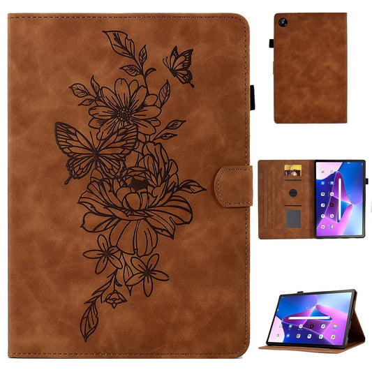 For Lenovo Tab M10 Plus (3rd Gen) / Xiaoxin Pad 2022 10.6 inch PU Leather Butterfly Flower Pattern Imprinted Tablet Cover Stitching Line Stand Smart Protective Case with Card Holder - Brown