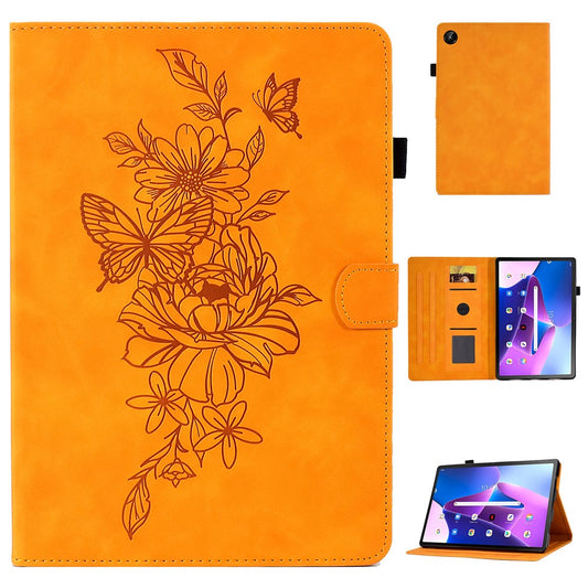 For Lenovo Tab M10 Plus (3rd Gen) / Xiaoxin Pad 2022 10.6 inch PU Leather Butterfly Flower Pattern Imprinted Tablet Cover Stitching Line Stand Smart Protective Case with Card Holder - Khaki