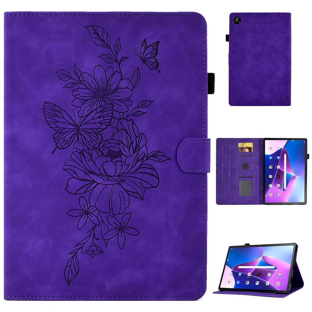 For Lenovo Tab M10 Plus (3rd Gen) / Xiaoxin Pad 2022 10.6 inch PU Leather Butterfly Flower Pattern Imprinted Tablet Cover Stitching Line Stand Smart Protective Case with Card Holder - Purple