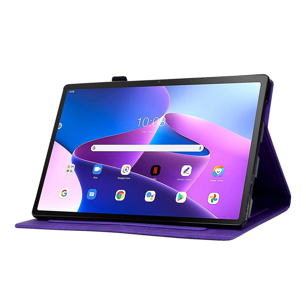 For Lenovo Tab M10 Plus (3rd Gen) / Xiaoxin Pad 2022 10.6 inch PU Leather Butterfly Flower Pattern Imprinted Tablet Cover Stitching Line Stand Smart Protective Case with Card Holder - Purple