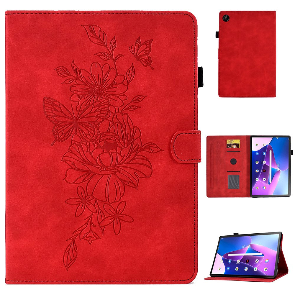 For Lenovo Tab M10 Plus (3rd Gen) / Xiaoxin Pad 2022 10.6 inch PU Leather Butterfly Flower Pattern Imprinted Tablet Cover Stitching Line Stand Smart Protective Case with Card Holder - Red