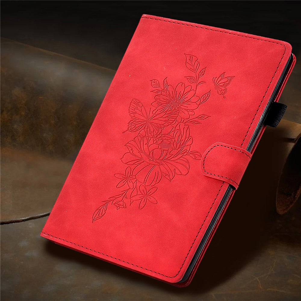 For Lenovo Tab M10 Plus (3rd Gen) / Xiaoxin Pad 2022 10.6 inch PU Leather Butterfly Flower Pattern Imprinted Tablet Cover Stitching Line Stand Smart Protective Case with Card Holder - Red