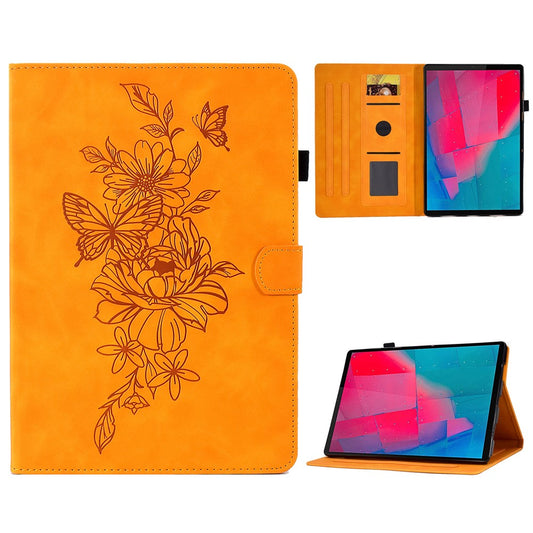 For Lenovo Tab M10 Plus TB-X606F Butterfly Flower Pattern Imprinted PU Leather Folio Case Stitching Line Card Holder Stand Smart Tablet Cover - Khaki